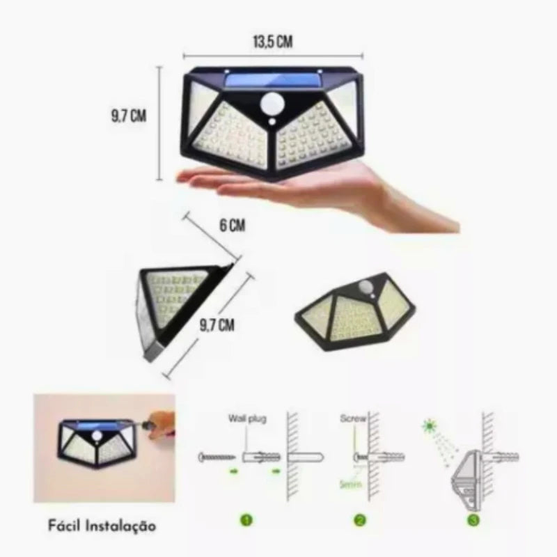 Luminária de Parede Balizador Solar de Parede,  100 Led Sensor proteção contra água