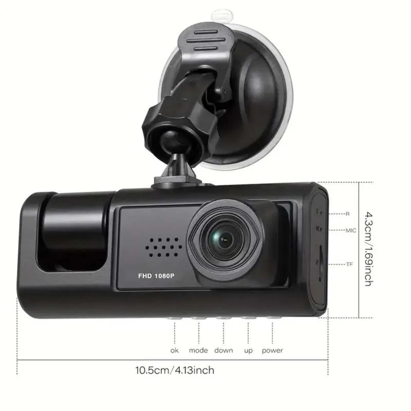 Câmera Veicular Dash Cam com Visão Noturna Infravermelha, Gravação em Loop, Tela IPS de 2'' e 3 Câmeras 1080P