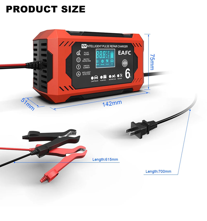 Carregador de Bateria Automotivo 6A 12V - Ideal para Carros e Motocicletas, Compatível com Baterias de Chumbo-Ácido, Reparo Inteligente com Display LCD