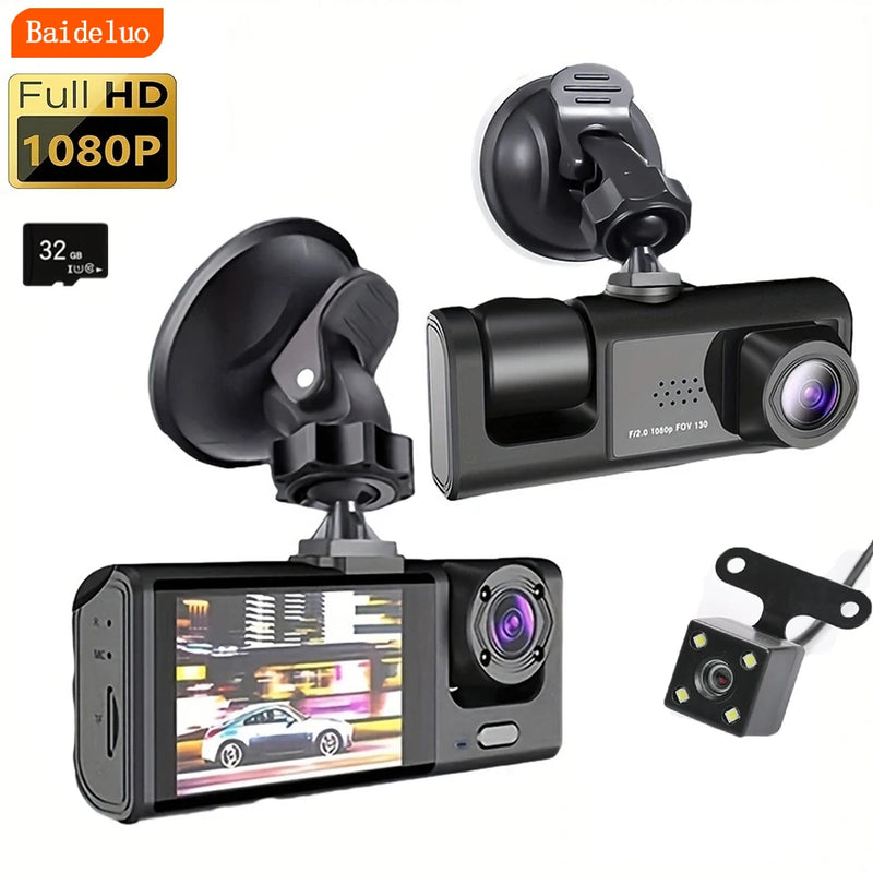 Câmera Veicular Dash Cam com Visão Noturna Infravermelha, Gravação em Loop, Tela IPS de 2'' e 3 Câmeras 1080P