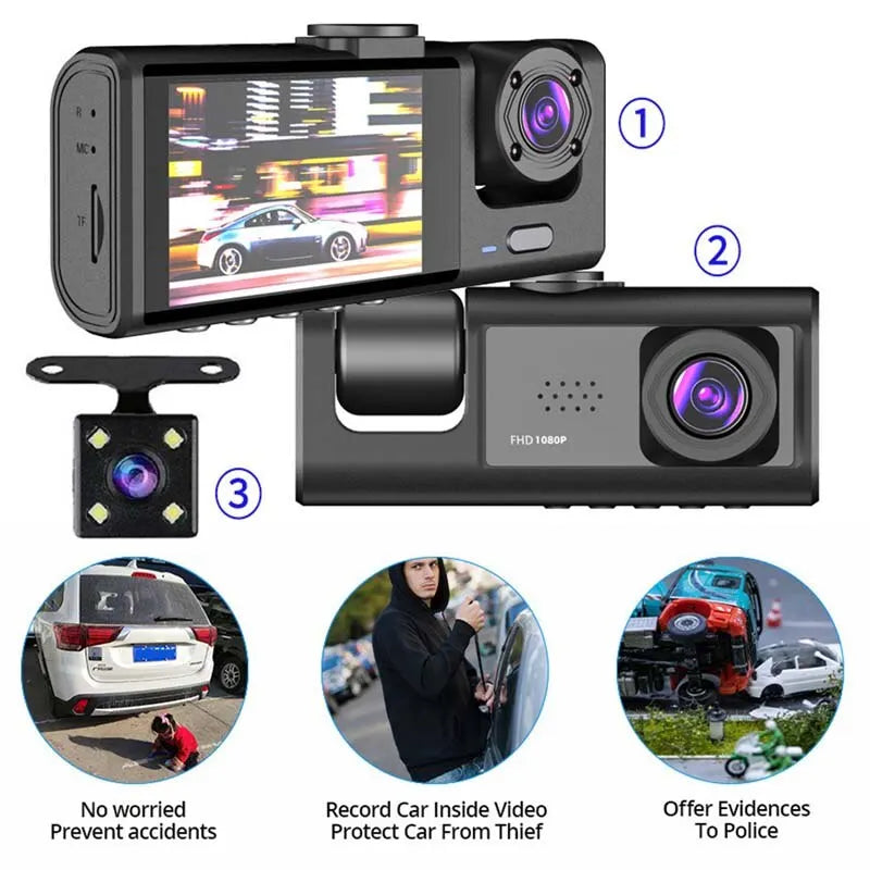 Câmera Veicular Dash Cam com Visão Noturna Infravermelha, Gravação em Loop, Tela IPS de 2'' e 3 Câmeras 1080P